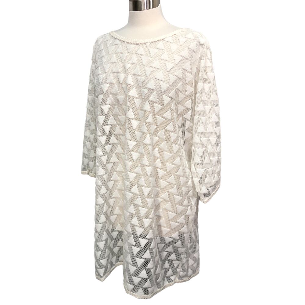 Gabar Size Medium Cover Up White Sheer Geometric Tunic Top Vacation Beach